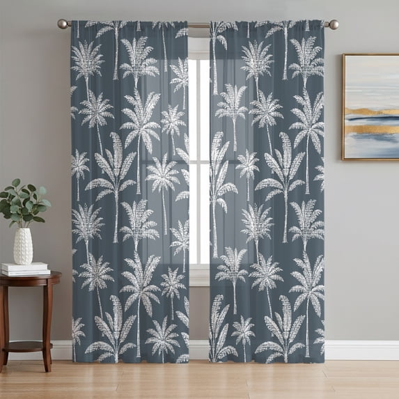 Palm Trees Sheer Curtains 84 Inch Length 2 Panels Set, Summer Tropical Coconut Tree Plants Blue Voile Window Treatment Rod Pocket Curtains Sheers Drapes for Bedroom/Living Room/Kitchen 52"x84"x2