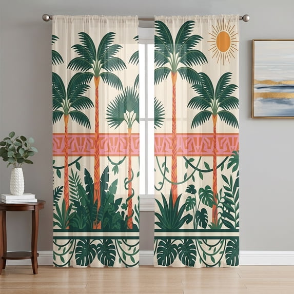 Palm Trees Sheer Curtains 96 Inch Length 2 Panels Set, Tropical Summer Botanical Seaside Voile Window Treatment Semi Sheer Long Curtains Drapes for Bedroom/Living Room/Kitchen 52"x96"x2