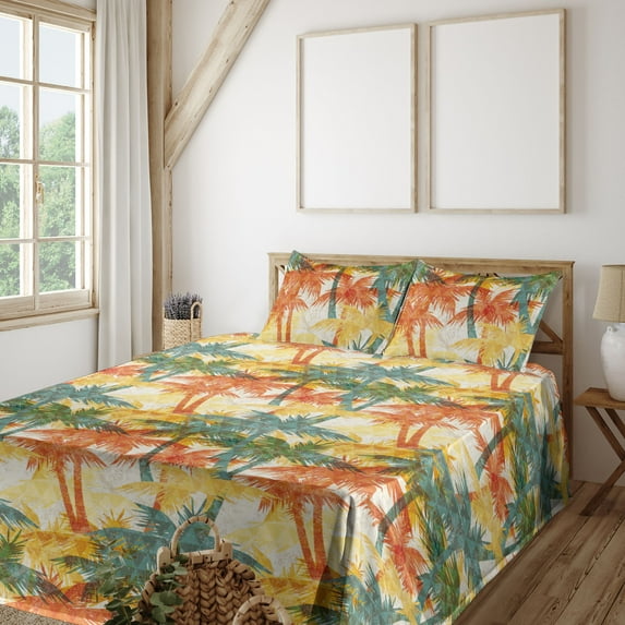 Ambesonne Palm Trees Fitted & Flat Sheet with Sham 3 Pcs Set, Tropical Summer Vibes, Twin, Cadet Blue Salmon Mustard