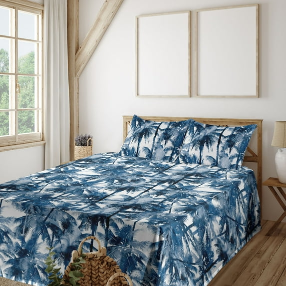 Ambesonne Palm Trees Fitted & Flat Sheet with Sham 3 Pcs Set, Dreamy Silhouettes Woods, Twin XL, Blue Grey Dark Sky Blue