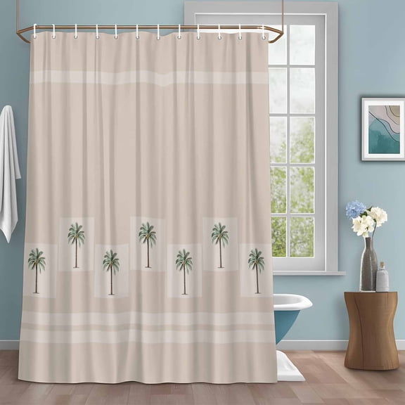 Palm Trees Shower Curtains for Bathroom, Vintage Coastal Tropical Plants Geometric Rectangle Khaki Stripes Washable Fabric Shower Curtain with Hooks Waterproof Bathroom Decor Sets, 60 x 72 Inches