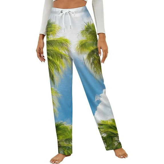 Palm Trees Sky Blue Winter Female Pants Flannel High Waist Women Pants Lady Warm Straight Leg Plush Trousers