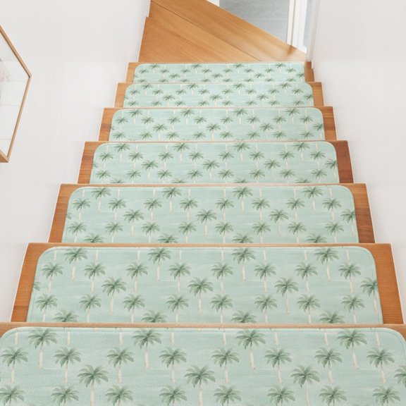 Palm Trees Stair Treads Non Slip for Steps Summer Watercolor Tropical Tree Mint Green 15 Pcs Reusable Adhesive Stair Runner Mats for Dogs Elders Carpet Treads Rugs for Staircase 8x30 In