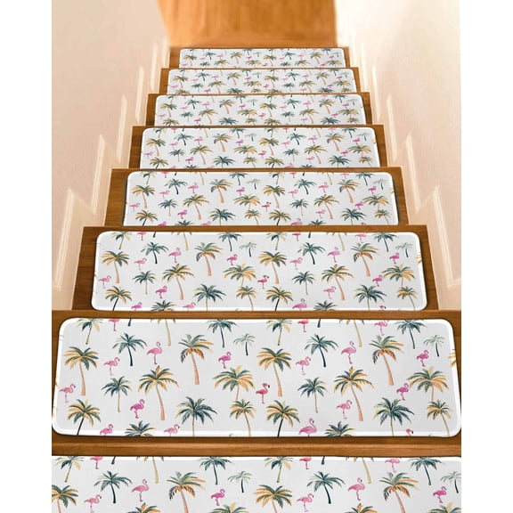 Palm Trees Stair Treads for Wooden Steps Indoor Runner Rug Carpet, Watercolor Tropical Flamingo Summer 7 Pieces Peel and Stick Staircase Step Treads Covers Washable Throw Door Mats, 30"x8"