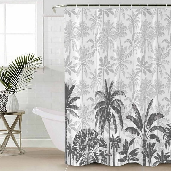 Palm Trees Standard Shower Curtain Set, Waterproof Shower Curtains for Bathroom, Black Grey Tropical Plants Summer Forest Washable Fabric Cloth Bath Curtain for Bathtub with Hooks 72x72 Inches