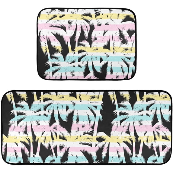 Palm Trees Striped Kitchen Rug Mats 2PCS Non Slip 47" x 20" + 28" x 20" Kitchen Carpet Floor Mat Hallway Rugs Anti Fatigue Doormat Home Decor