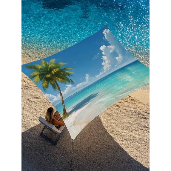Palm Trees Sun Shade Sail 12' x 16', Oceans Blue Sky Clouds Beach Summer Nature Rectangle Outdoor Sunshade Canopy, Waterproof UV Block Patio Covers for Garden Yard Beach