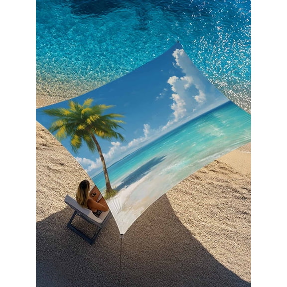 Palm Trees Sun Shade Sail 8' x 10', Oceans Blue Sky Clouds Beach Summer Nature Rectangle Outdoor Sunshade Canopy, Waterproof UV Block Patio Covers for Garden Yard Beach