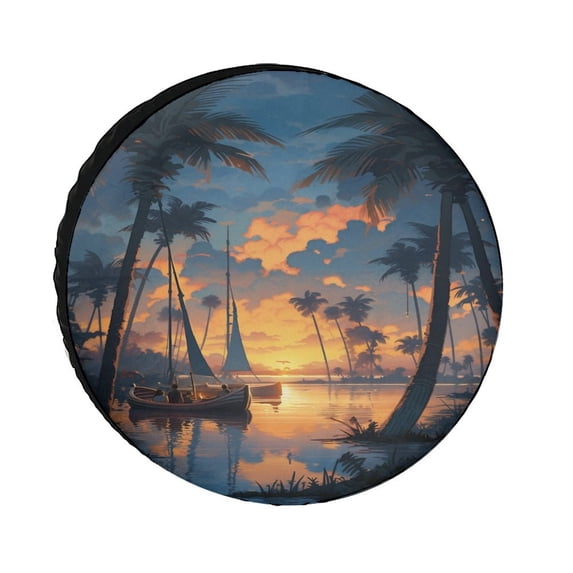 Palm Trees at Sunset with Flowers And A Hammock Camping Spare Tire CoverTropical Palm Tree Hawaii Ocean Waterproof Sun Protection for Trailer SUV Truck Camper Travel Trailer Accessories 13inch