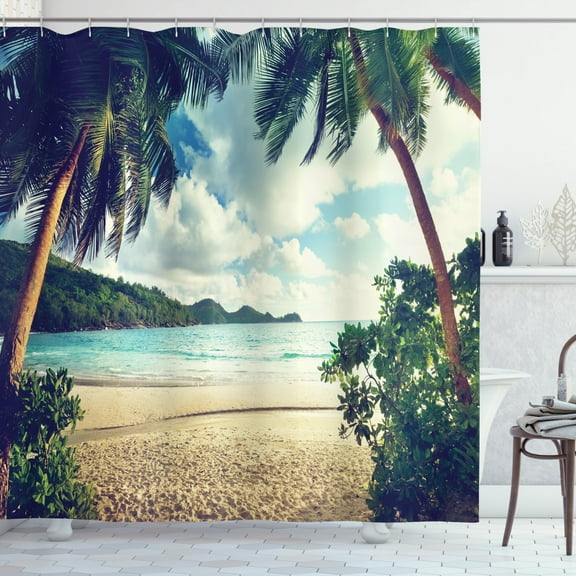 Palm Trees Sunset Summer Beach Vintage Style Picture Print, Bathroom Accessories, 69W X 70L Inches, By Ambesonne