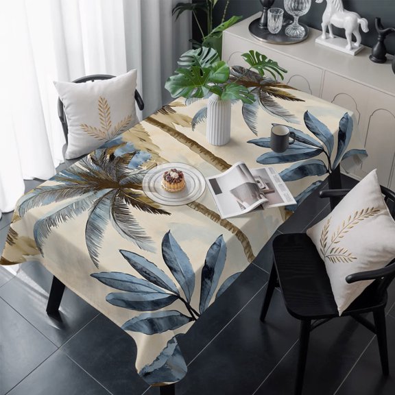 Palm Trees Table Cloth Waterproof Tablecloths, Blue Brown Vintage Watercolor Tropical Tablecloth Dining Table Cover for Kitchen Party Tabletop Outdoor, Rectangle Tablecloth 60x120 Inch