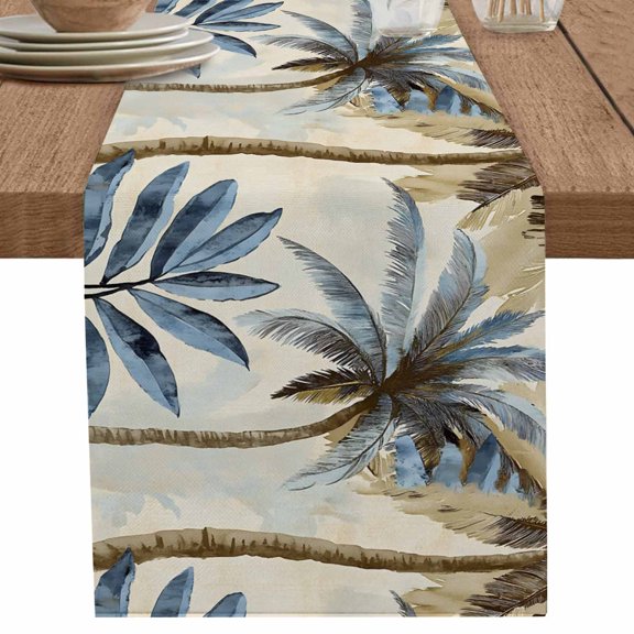 Palm Trees Table Runner 90 Inches Long for Dining Table Decor,Blue Brown Vintage Watercolor Tropical Burlap Linen Farmhouse Table Runner Coffee Table Runners Dresser Scarf for Kitchen Party Holiday