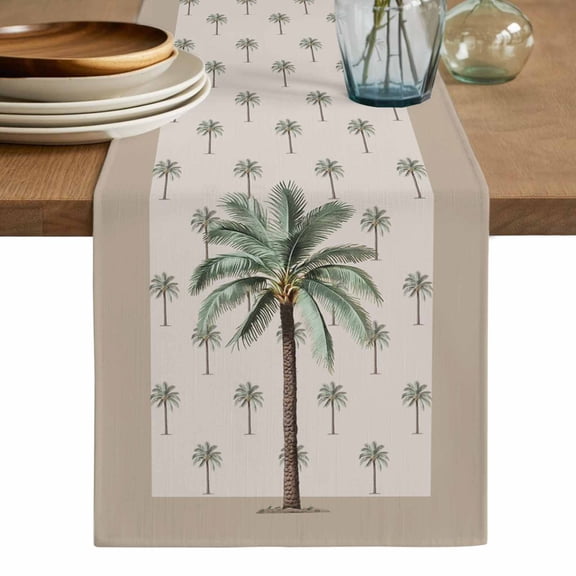 Palm Trees Table Runner, Brown Tropical Plants Summer Green Washable Cotton Linen Table Runners 36 Inches Long, Dresser Scarf Runner for Nightstand/End Tables/Round Tables 13''x36''