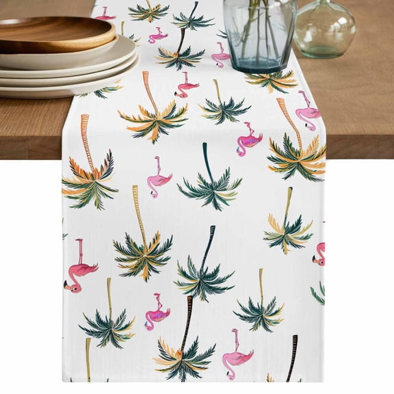 Palm Trees Table Runner, Pink Flamingo Cotton Linen Kitchen Table Decoration Washable Dining Tabletop Runners for Home Party Decor 13x36 Inches