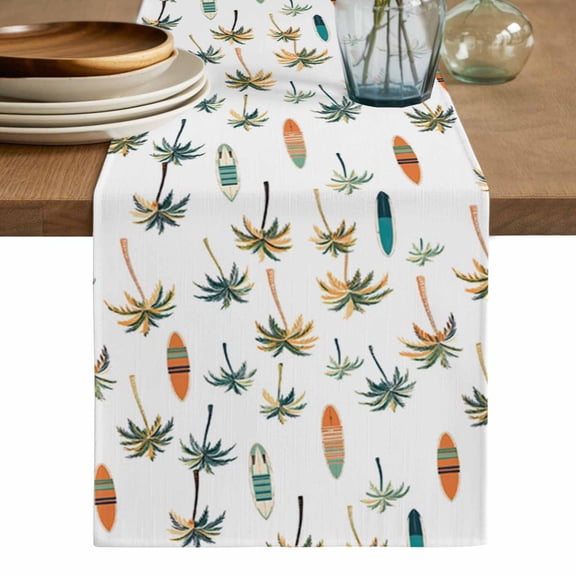 Palm Trees Table Runner, Summer Botanical Tropical Plants Kayaks Washable Cotton Linen Table Runners 36 Inches Long, Dresser Scarf Runner for Nightstand/End Tables/Round Tables 13''x36''