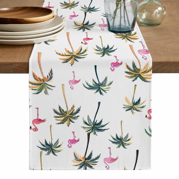 Palm Trees Table Runner, Watercolor Tropical Flamingo Summer Washable Cotton Linen Table Runners 36 Inches Long, Dresser Scarf Runner for Nightstand/End Tables/Round Tables 13''x36''