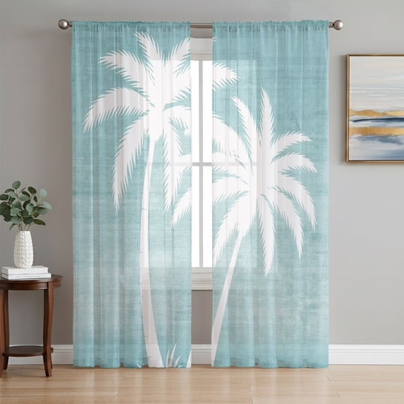 Palm Trees Teal Sheer Curtains 96 Inch Length 2 Panels Set, Summer Coastal Vintage Tropical Voile Window Treatment Semi Sheer Long Curtains Drapes for Bedroom/Living Room/Kitchen 52"x96"x2