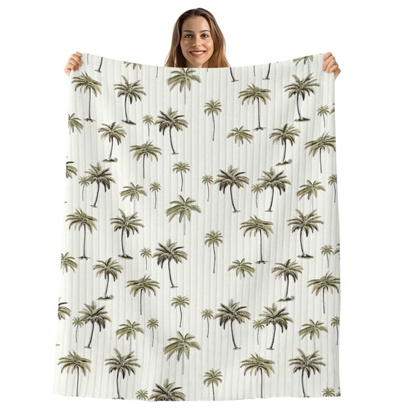 Palm Trees Throw Blanket, Flannel Fleece Blanket with Striped Design for Couch, Green Botanical Summer Tropical Plants Soft Breathable All Season Plush Blankets for Sofa Office Chair 30"x40"