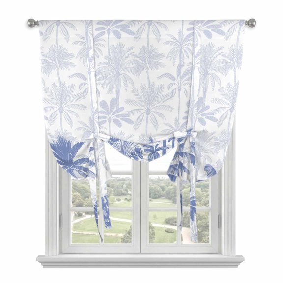 Palm Trees Tie Up Curtains for Windows, Adjustable Rod Pocket Valance Shade, Blue Tropical Plants Summer Forest Scenery Light Filtering Window Treatment for Kitchen Bedroom Living Room 52"x 45"