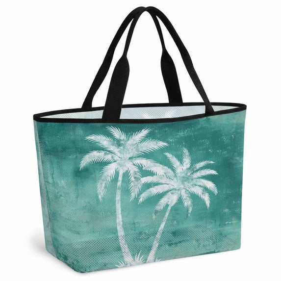 Palm Trees Tropical Beach Bag for Women, Large Breathable Mesh Beach Tote Bag, Shabby Turquoise Summer Coastal Sandproof Lightweight Travel Bags for Vacation Picnic Swimming Pool 15.7"x15.7"x9.1"