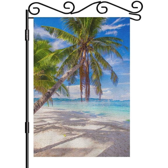 Palm Trees on Tropical Beach Small Garden Flag Vertical Double Sided 12.5 x 18 Inch Vibrant Blue Sky Empty Hammock Farmhouse Burlap Yard Outdoor Decor