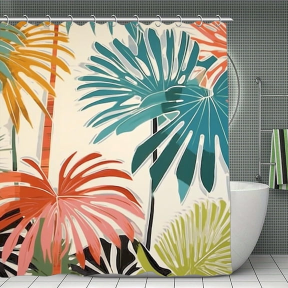 Palm Trees Tropical Colorful Print Shower Curtain,Modern Fabric Waterproof Shower Curtain Set with Hooks,70.8×70.8Inch