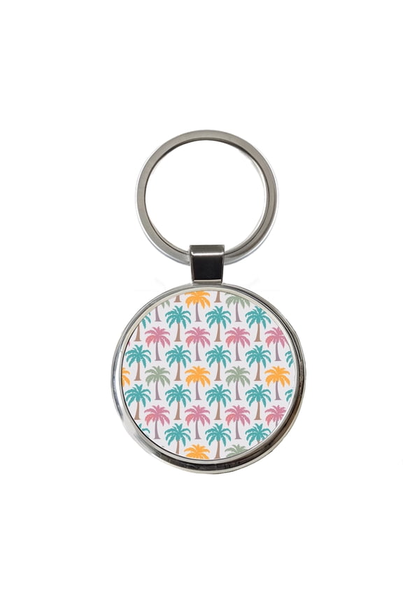 Palm Trees Tropical Pastel Pattern Metal Round Keychain
