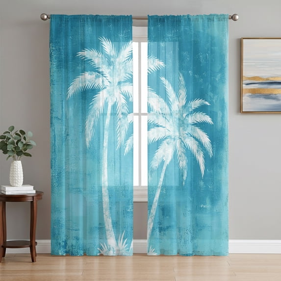 Palm Trees Tropical Sheer Curtains 72 Inch Length 2 Panels Set, Shabby Teal Summer Coastal Voile Window Treatment Rod Pocket Curtains Sheers Drapes for Bedroom/Living Room/Kitchen 52"x72"x2