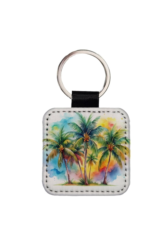 Palm Trees Tropical Watercolor Design Faux Leather Square Keychain