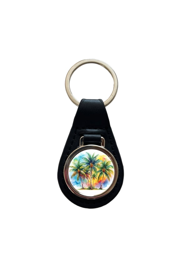 Palm Trees Tropical Watercolor Design Metal Black Leather Keychain