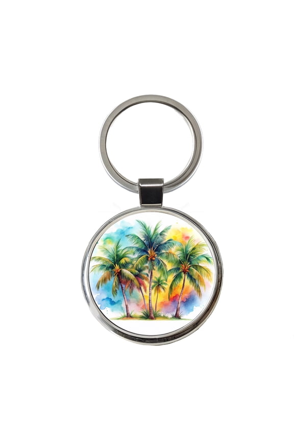 Palm Trees Tropical Watercolor Design Metal Round Keychain