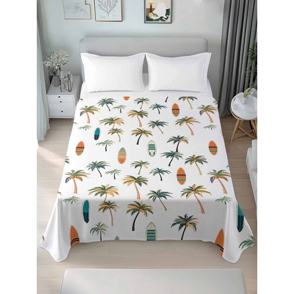 Palm Trees Twim Size Flat Sheet, Wrinkleproof & Fadeproof Cooling Flat Bed Sheet Only, Summer Botanical Tropical Plants Kayaks Breathable Soft Bedding Top Sheets 66 x 96 Inches