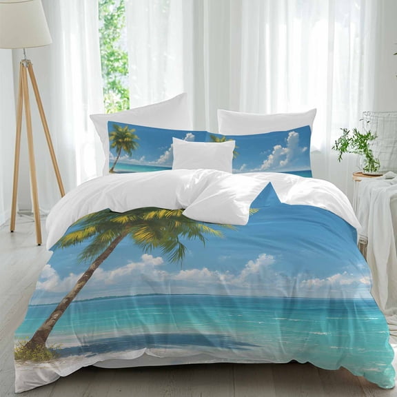 Palm Trees Twin Size Comforter Set, Oceans Blue Sky Clouds Beach Summer Nature Bedding for All Seasons, 4 Pcs Bed Set, 1 Quiltcover (68"x86") ,1Sheet(67"x116"), 2Pillowcases (30"x20")
