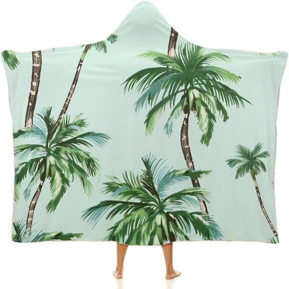 Palm Trees Wearable Hooded Blanket Fleece Throw Blanket Cloak Wrap for Adults Winter