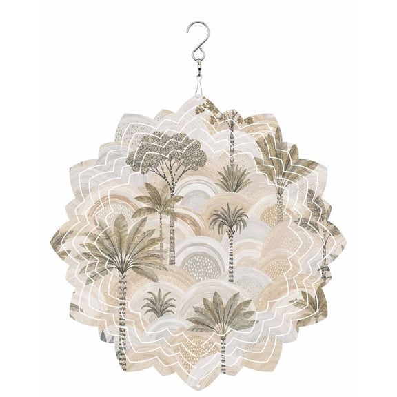 Palm Trees Wind Spinner for Garden Yard 8In, Coastal Rustic Tropical Green Tree Beige Arches Cloud 3D Stainless Steel Kinetic Hanging Wind Spinners Rustproof Outdoor Decor for Lawn Patio Home
