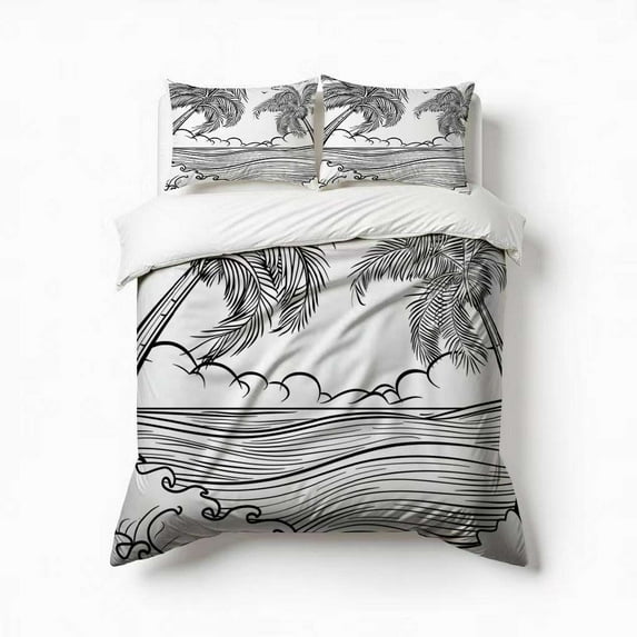 Palm Trees With A Black And White Bedding Set 3 Pcs Soft Microfiber Quilt Cover For Bedroom Decor, Comforter Cover With 2 Pillowcase