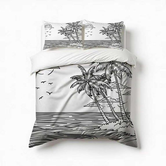Palm Trees With A Black And White Bedding Set 3 Pcs Soft Microfiber Quilt Cover For Bedroom Decor, Comforter Cover With 2 Pillowcase