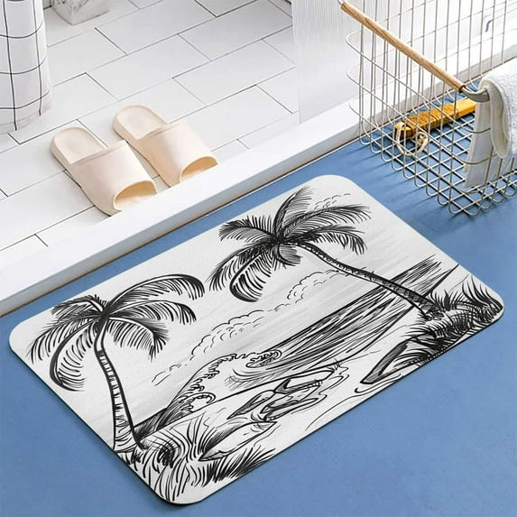 Palm Trees With A Black And White Diatomite Bath Mats Bathroom Absorbent Anti Slip Floor Mat Foot Carpet Quick Dry Shower Toilet Rug Doormat Washable