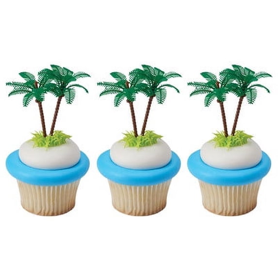 Palm Trees With Coconuts -24pk Cupcake / Desert / Food Decoration Topper Picks with Favor Stickers & Sparkle Flakes