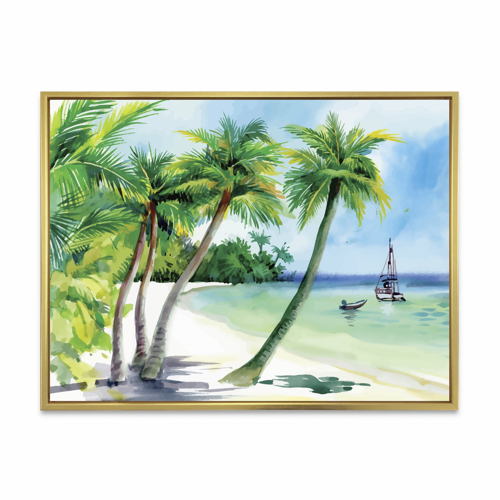 Palm Trees With Summer Beach 20 in x 12 in Framed Painting Canvas Art Print, by Designart