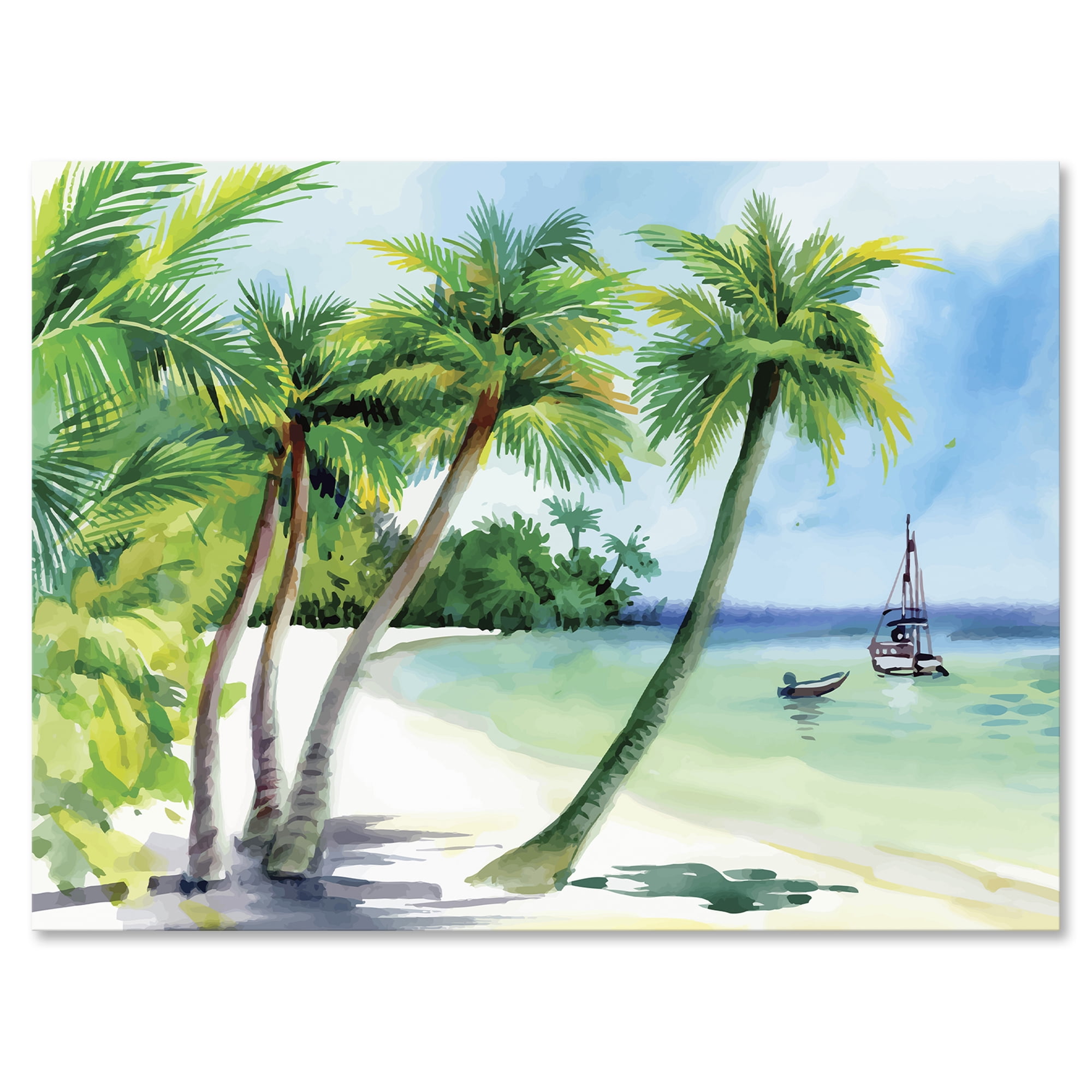 Palm Trees With Summer Beach 32 in x 16 in Painting Canvas Art Print, by Designart