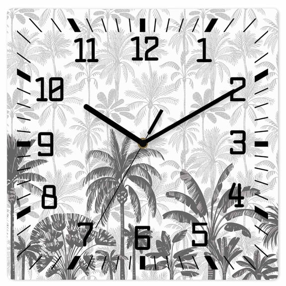 Palm Trees Wooden Wall Clock Silent Non Ticking, Black Grey Tropical Plants Summer Forest Square Wall Clocks Battery Operated, Decor Clock for Home Office, Living Room, Kitchen, 10 Inch