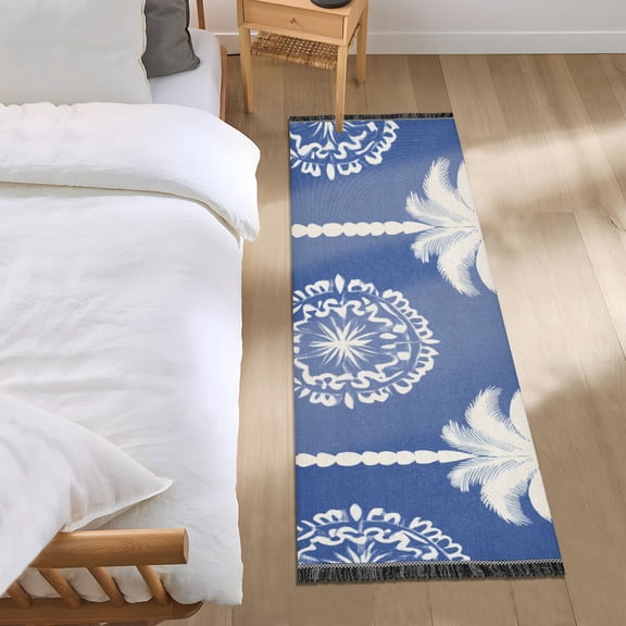 Palm Trees and Elegant Patterns Bedside Runner Rug 2'x 6' Non Slip Carpet Floor Mat Area Rug