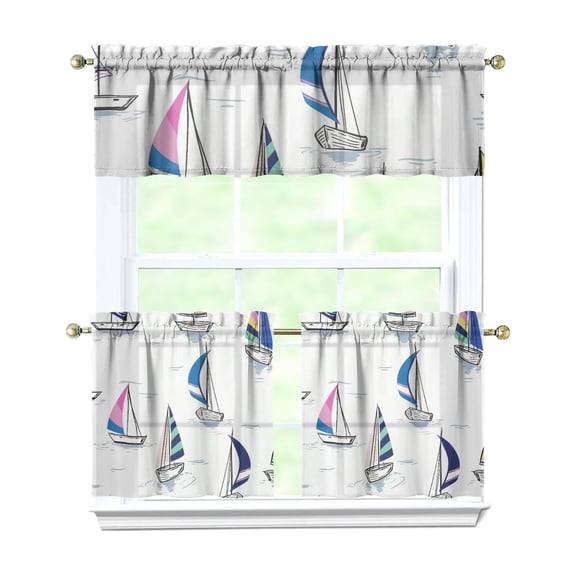 Palm Trees and Sailboat Kitchen Curtains Set, 3PCS Polyester 27.5x24 Inch Coastal Style Valance and Short Tiers for Tropical Summer Home Decor