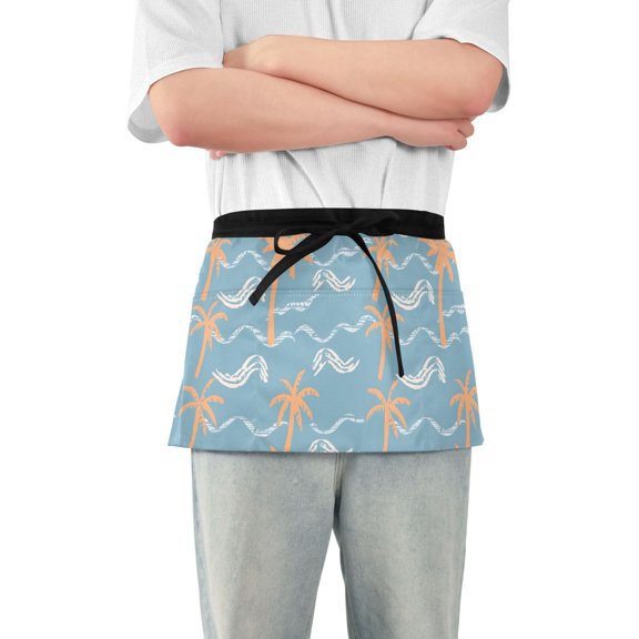 Palm Trees and Wave Server Apron with 3 Pockets Waterproof Waitress Waist Short Apron for Man Woman 12 Inches