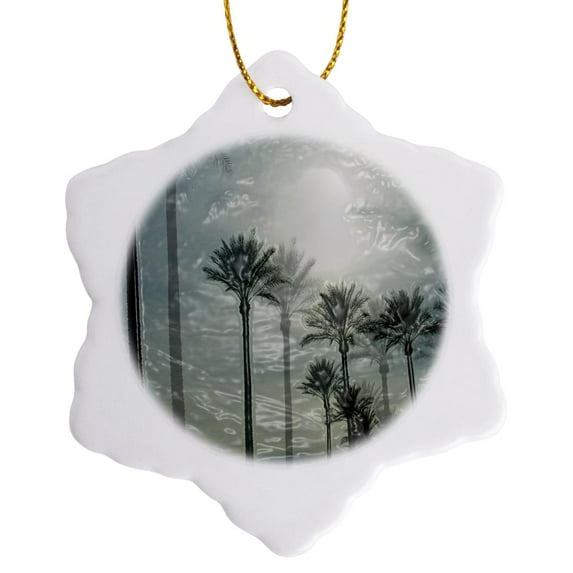 3drose, Palm Trees in Mesquite, Nevada with an Overlay of Same Palms and Refection of the Sun, 3 inch Snowflake Porcelain Ornament