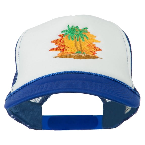 Palm Trees with Sunset Embroidered Foam Front Mesh Back Cap - Royal White OSFM