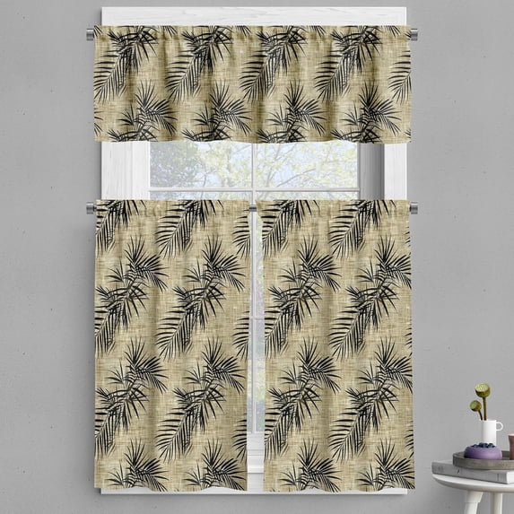 Palm Valance & Tier Curtain 3 pcs Set, Abstract Exotic Tropical Leaves with Pin-Scratched Paint Background Print, Window Treatments for Kitchen Room Decor, 55" x 36", Sepia and Charcoal Grey