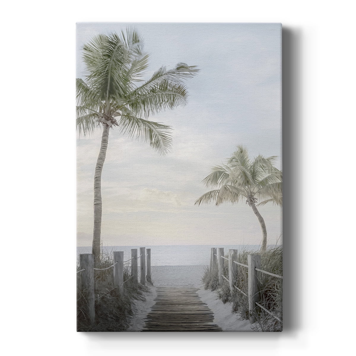 Palm Walk Coastal Landscape Canvas Painting in White Frame