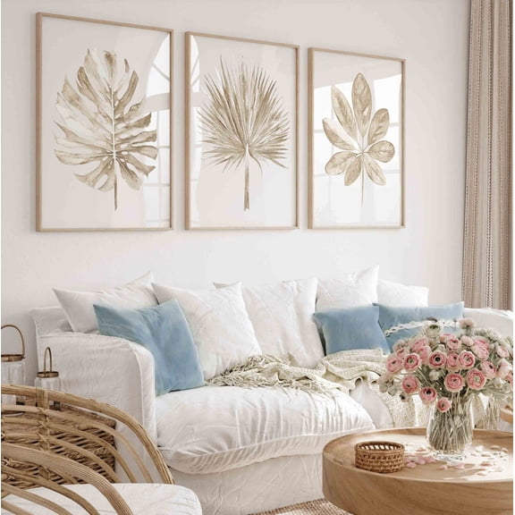 Palm Wall Art Prints in Beige Taupe Minimalist Coastal Decor Tropical Leaf Wall Art Prints Handmade Monstera Fan Palm Artwork Poster Set 3